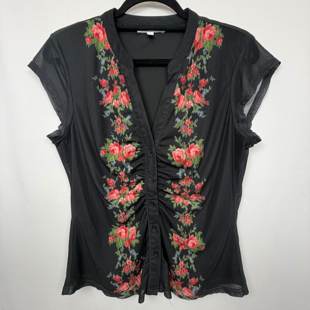 DR2 Black Mesh Floral Ruched Button Front Top Cap Sleeve Rose Print M ZDR24834KM
